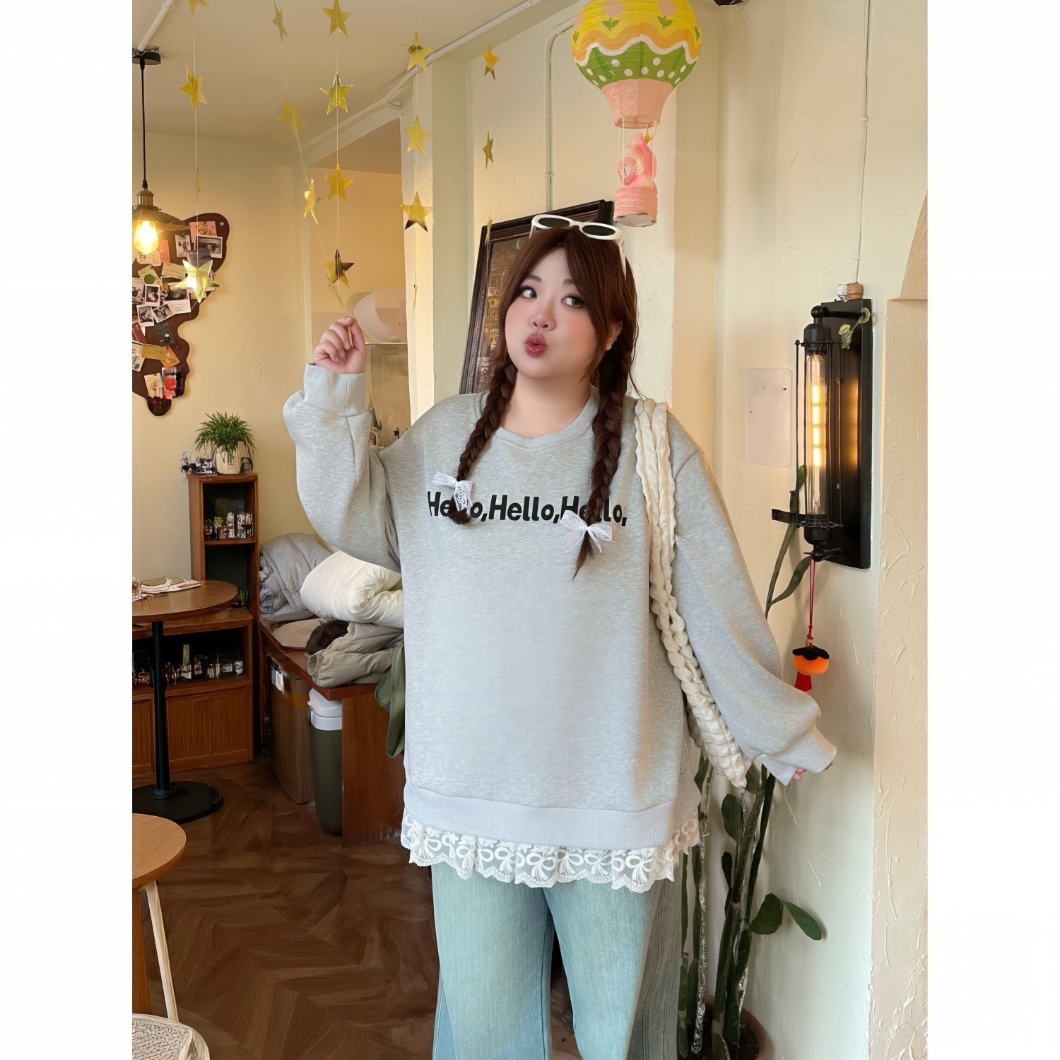 花契“仁川樱落”大码女装冬季简约200斤胖mm慵懒风加绒卫衣16486-C