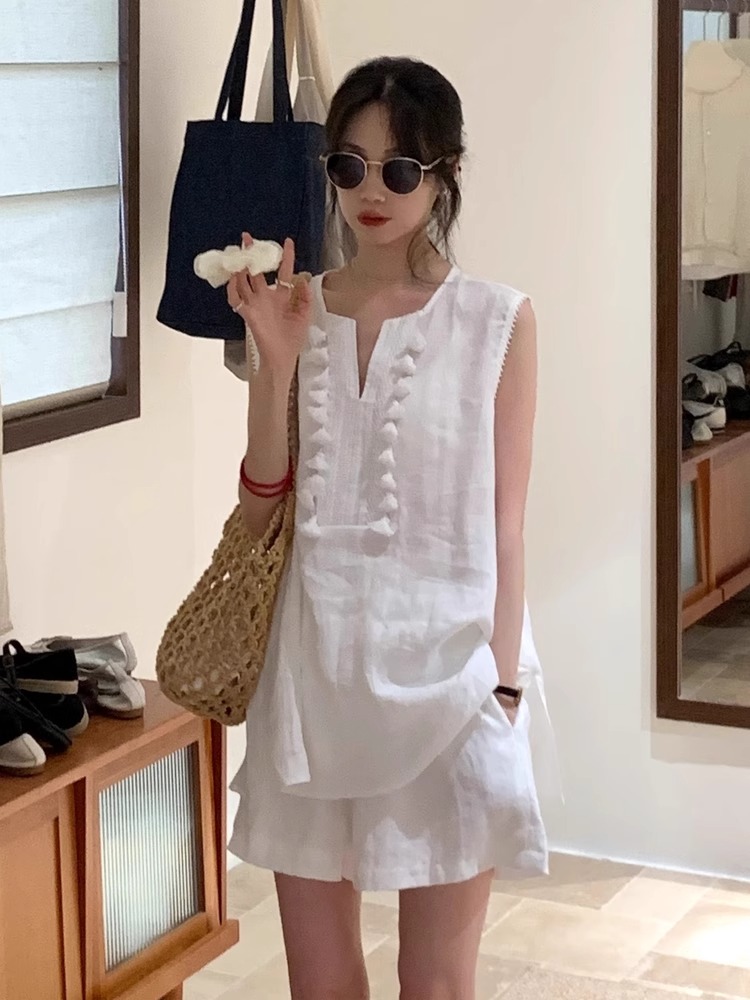 韩系藏青色亚麻高级感无袖套装女2025夏新松弛感慵懒两件套