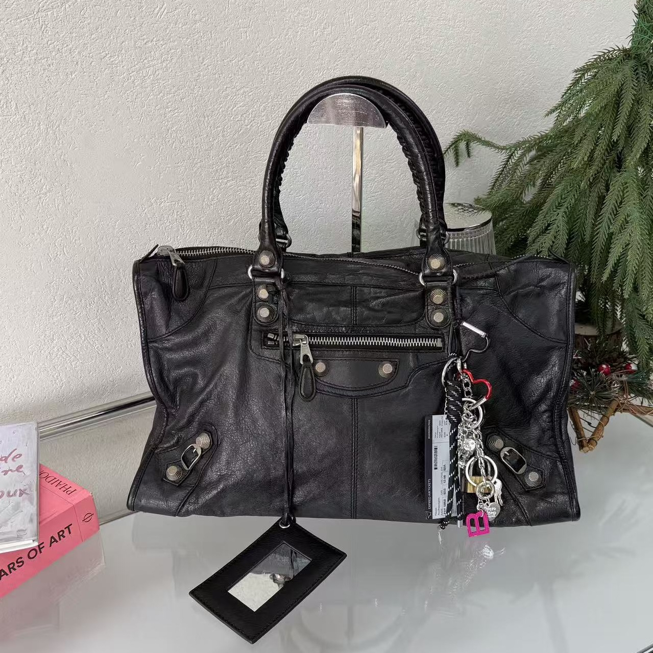 95新 Balenciaga/巴黎世家 黑银油蜡皮机车work手提包xxl 123815