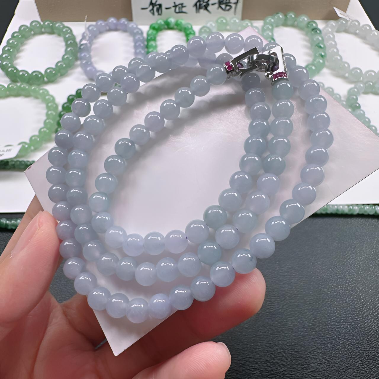 天然A货翡翠卡6mm冰胶水润浅紫罗兰时尚翡翠项链妈妈链多圈手串