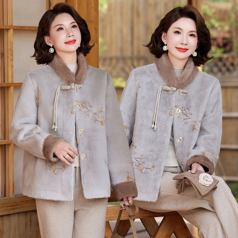中式风时尚洋气立领中老年气质女装毛呢加绒加厚外套冬季妈妈装