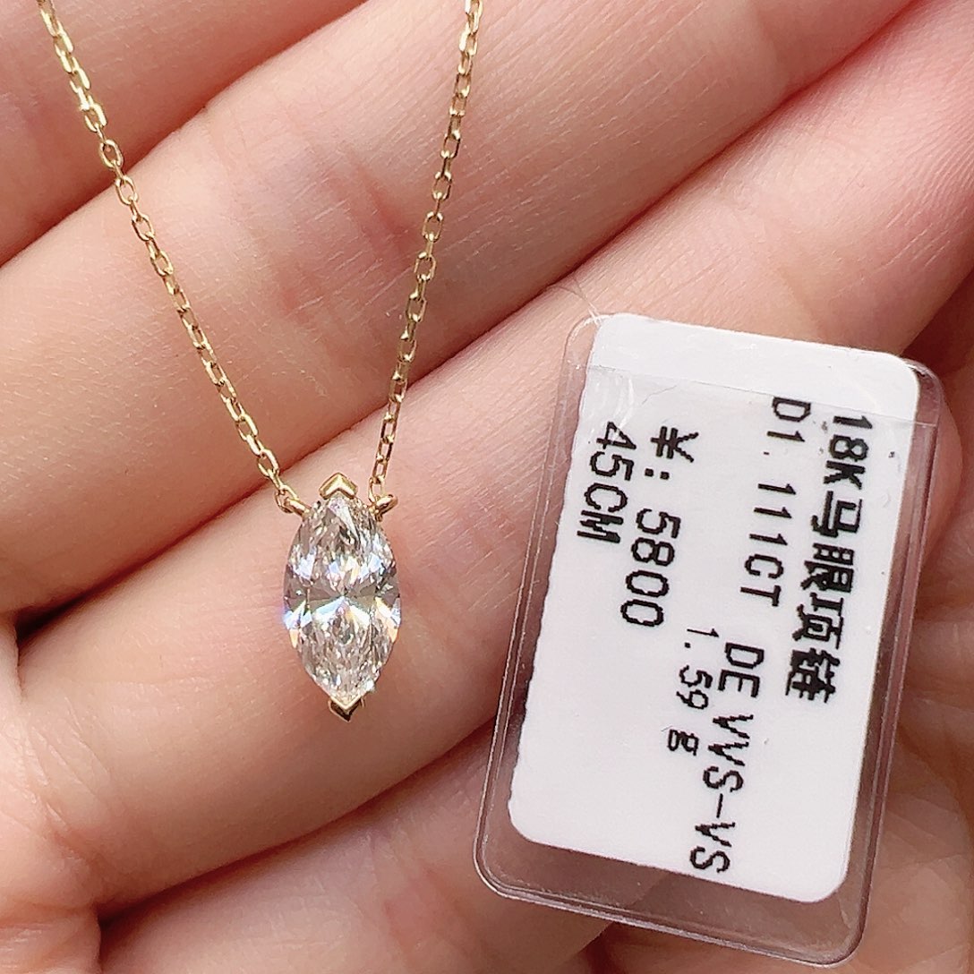 实验室培育钻石18K金镶嵌套链一克拉，马眼形项链k黄