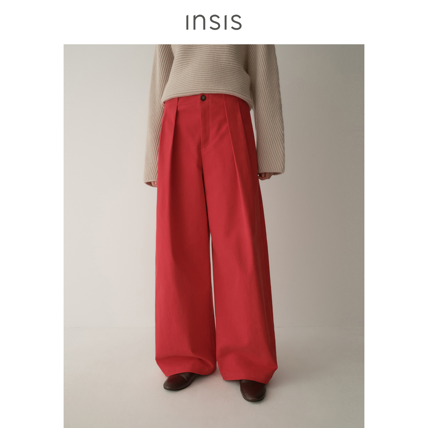INSISFEMME【节庆系列】磨毛长绒棉2025冬季立体褶裥阔腿长裤女