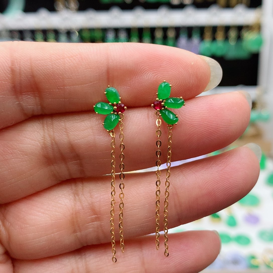 翡翠耳饰18K金镶嵌的