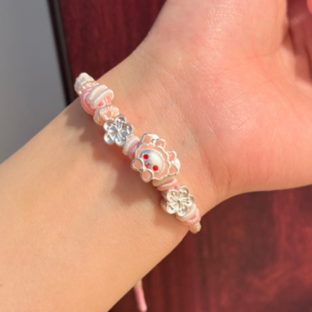 足银手链 足银999兔熊樱花编绳纯银少女心可爱送女友闺蜜生日礼物