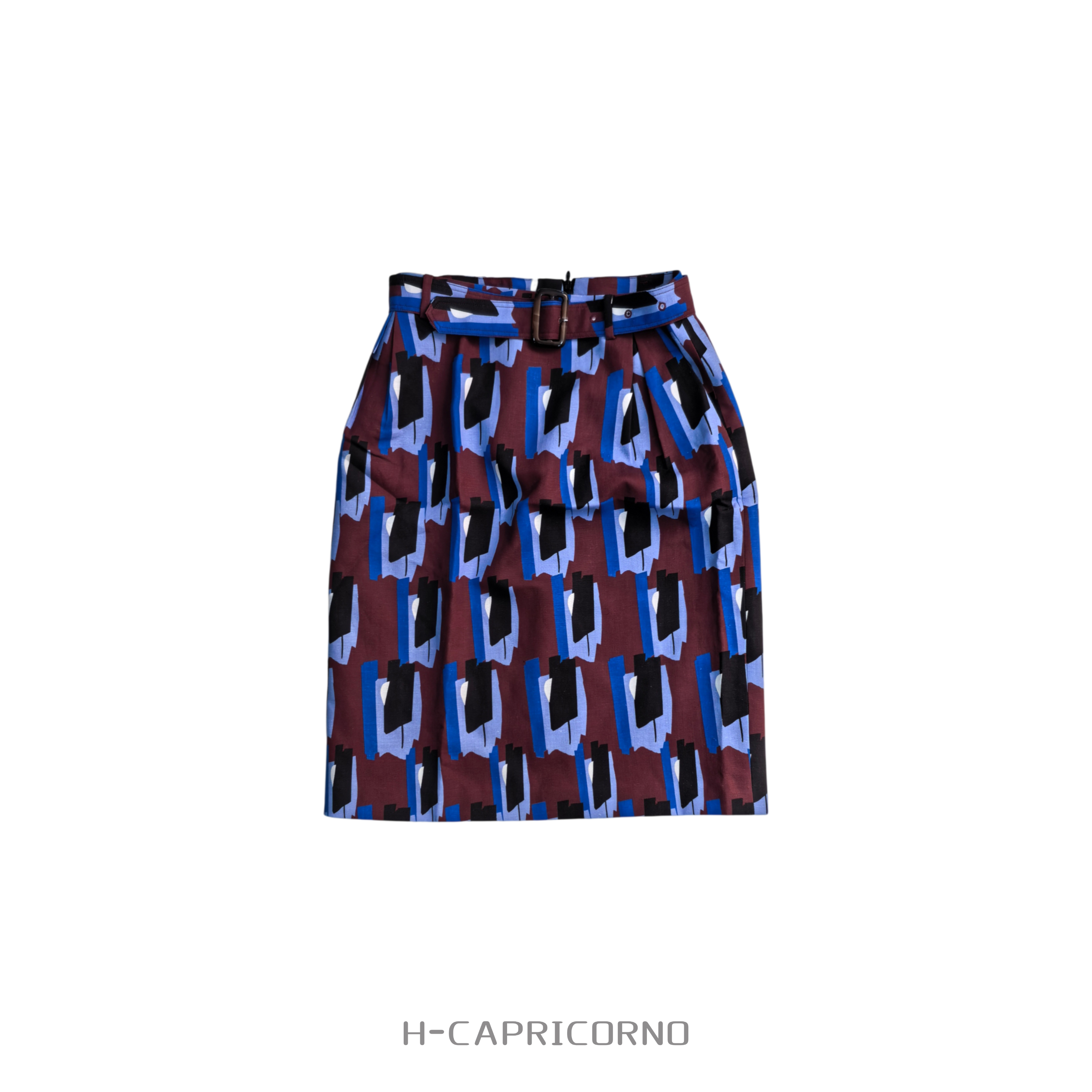 H-CAPRICORNO笔触色色彩几何亚麻混纺筋骨感面料中高腰腰带半裙