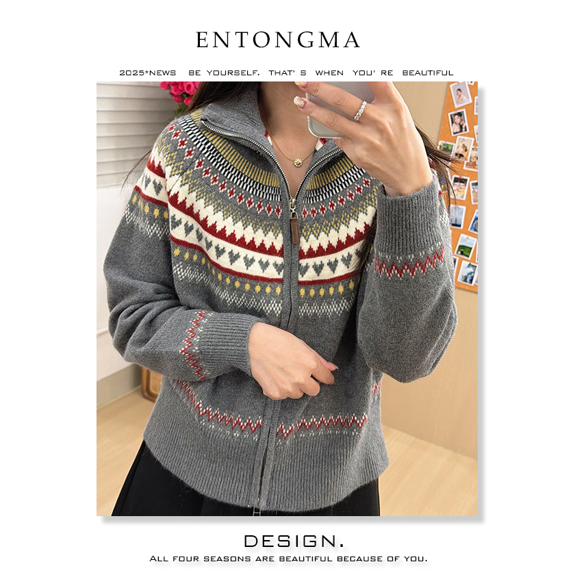 ENMA毛针织衫保暖费尔岛针织冬季长袖毛衣复古宽松立领拉链