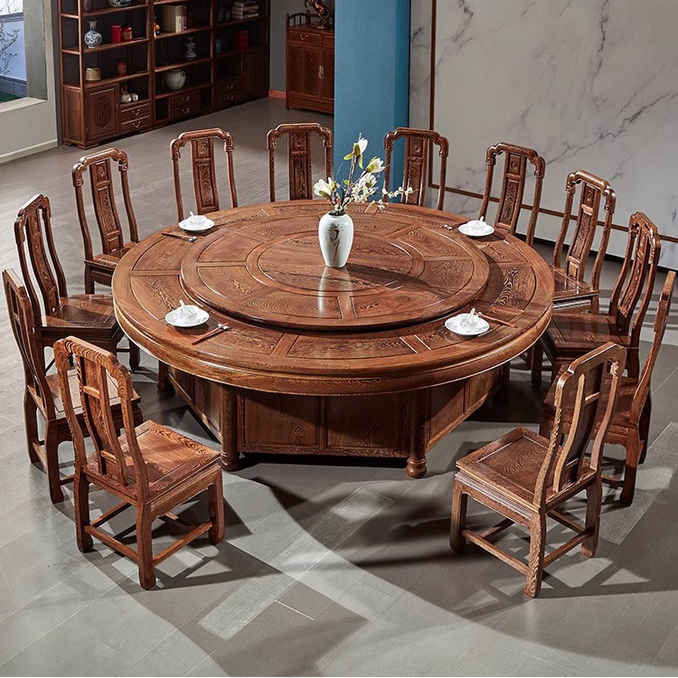 电动餐桌鸡翅木餐桌椅组合红木圆台家用古典桌子电动转盘红木家具