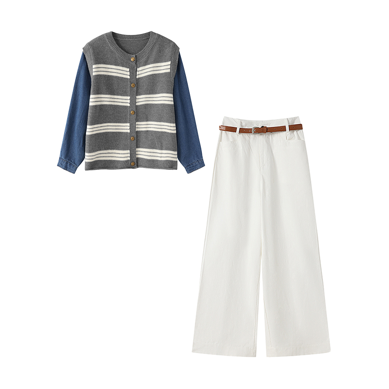 秋冬穿搭一整套女假两件拼接针织开衫高腰阔腿长裤两件套P2632