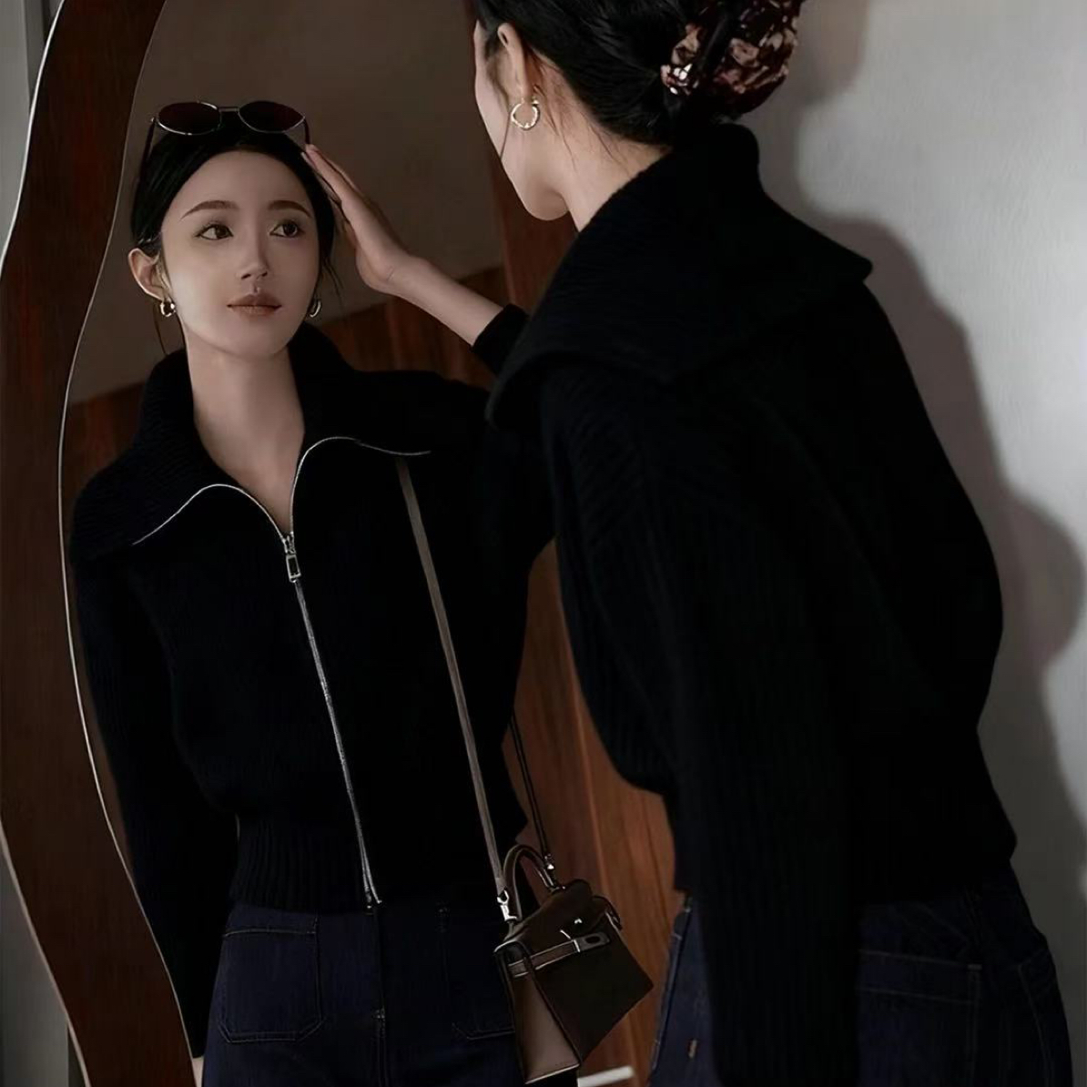 翻领双拉链针织开衫外套毛衣2025慵懒高级感上衣6849