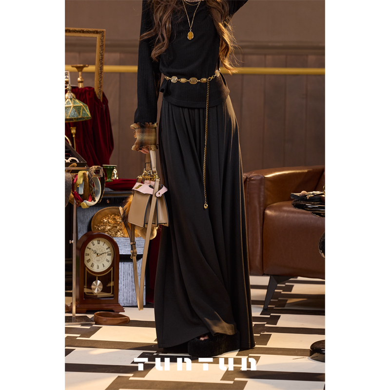 吞吞TUNT【甩甩裤 黑色】走路带风 大A摆后橡筋长裤