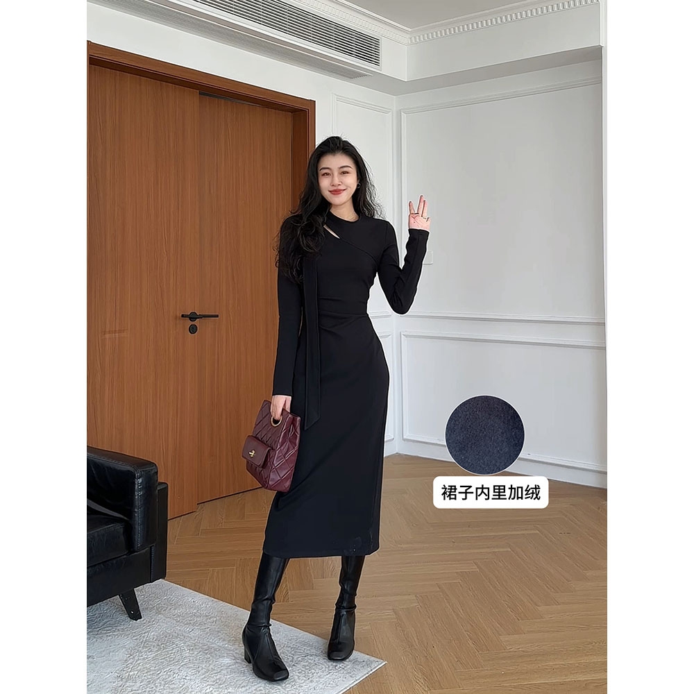 张阿星【简奢主义】赫本加绒修身收腰设计感小黑裙飘带领收腰百搭款
