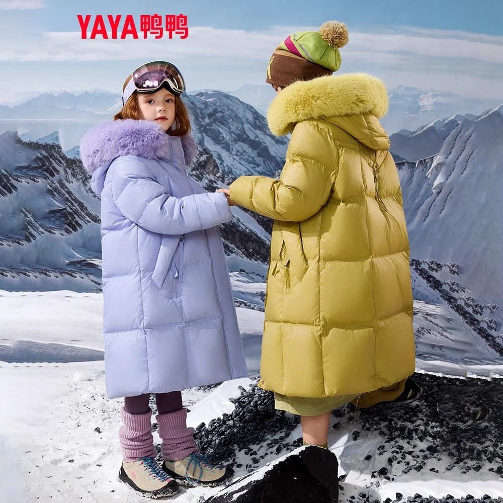 YAYA/鸭鸭鸭鸭男女童冬季2025新款毛领长款加厚极寒中大童装外套