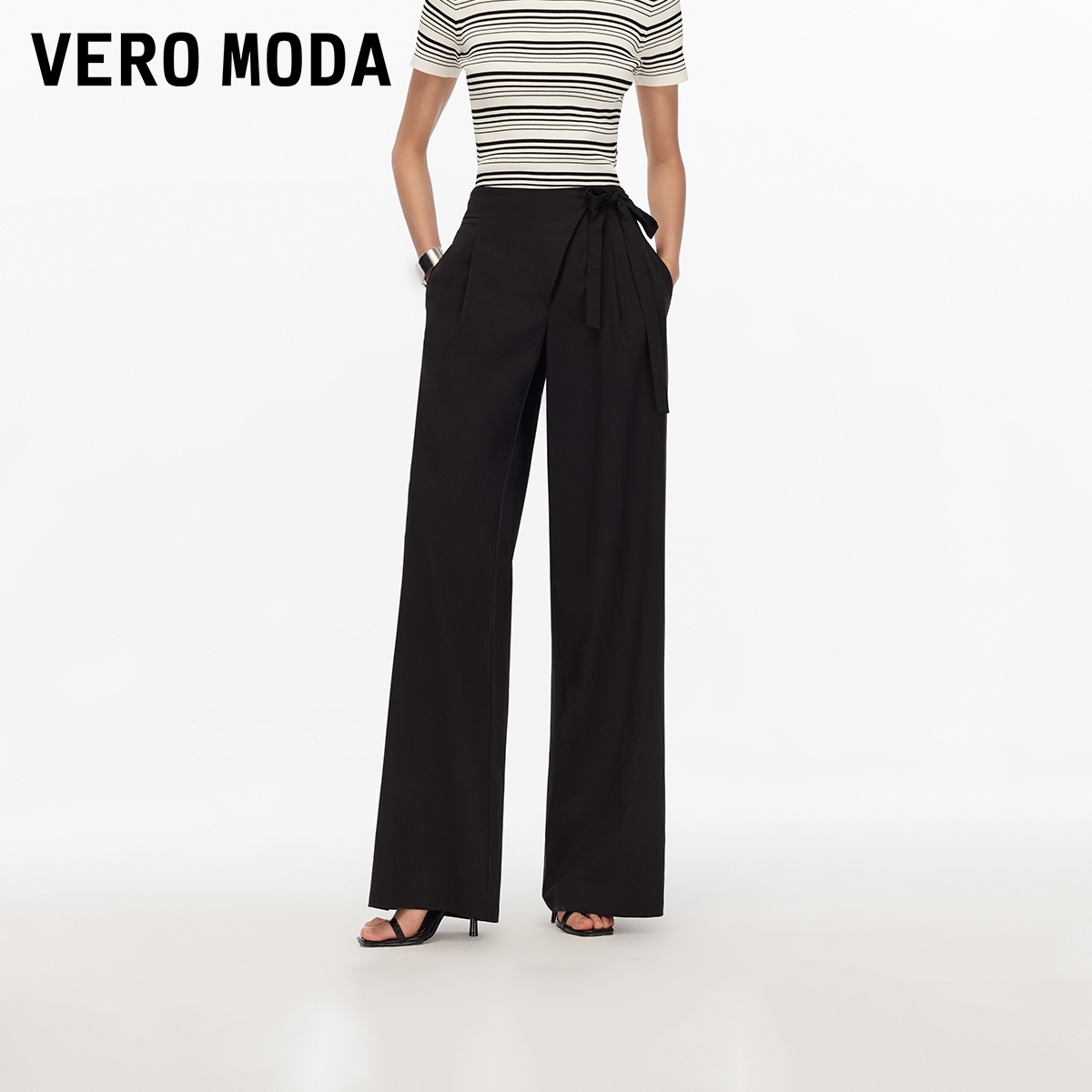 Vero Moda休闲裤2025秋季新款斜门襟飘带高腰宽松阔腿裤简约百搭