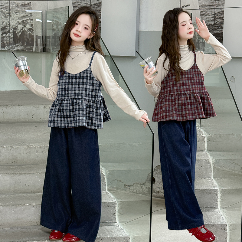 2025款女中大童宽松套装女秋季常规背带裤韩版休闲风格子套头春秋