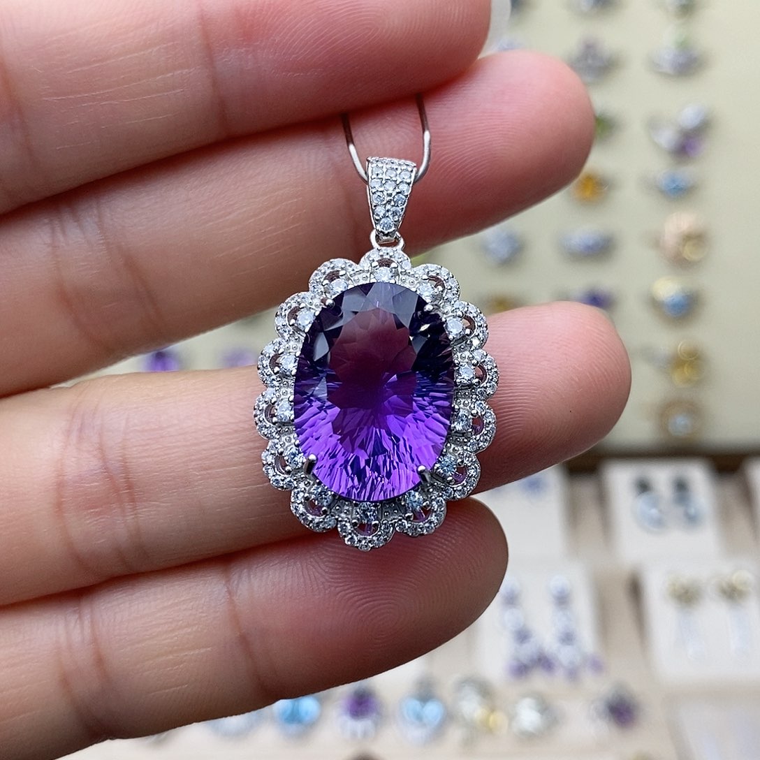 紫晶吊坠(不含链)银S925镶嵌一物一证