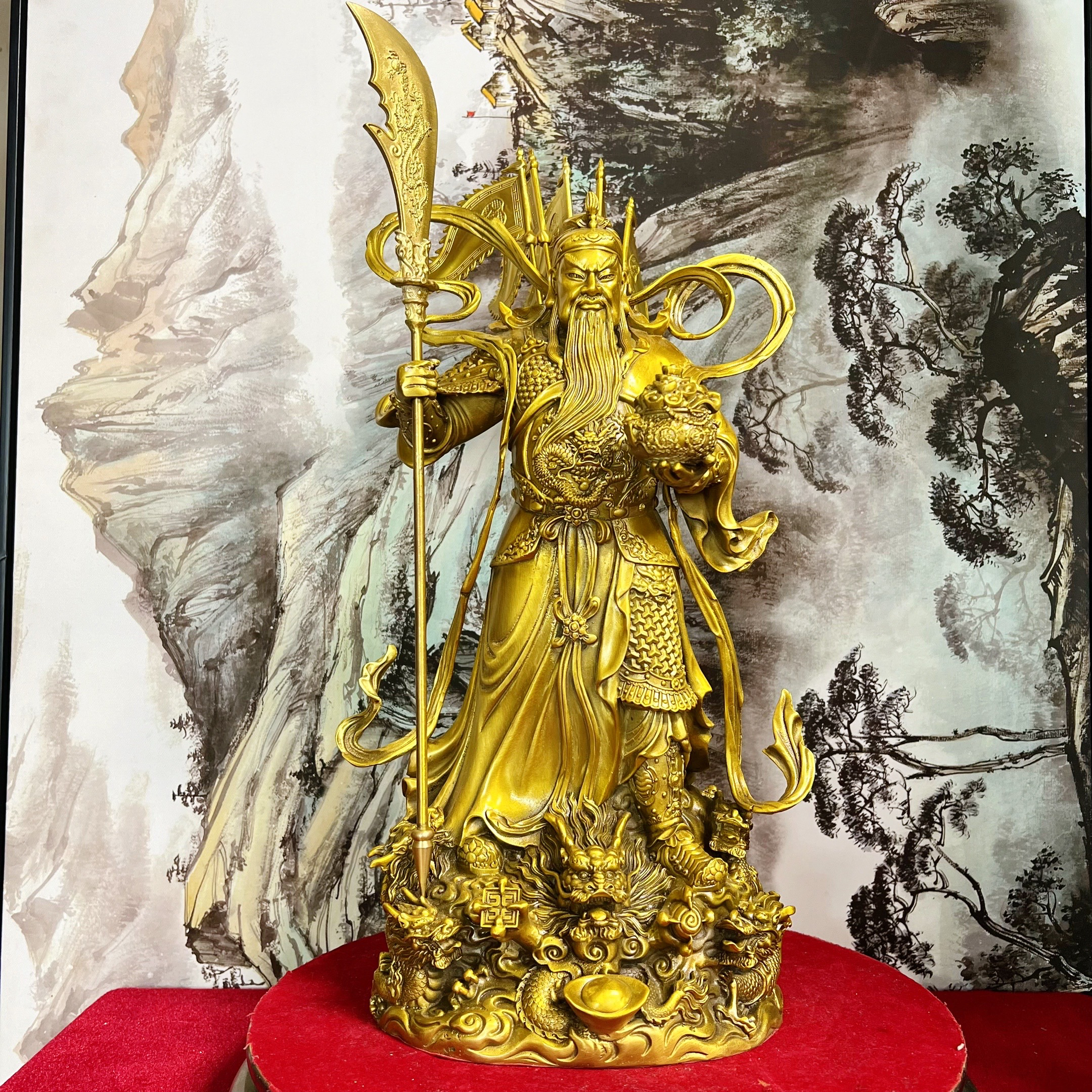 黄铜材质飘带九龙关公立刀关二爷提刀关羽神像手工