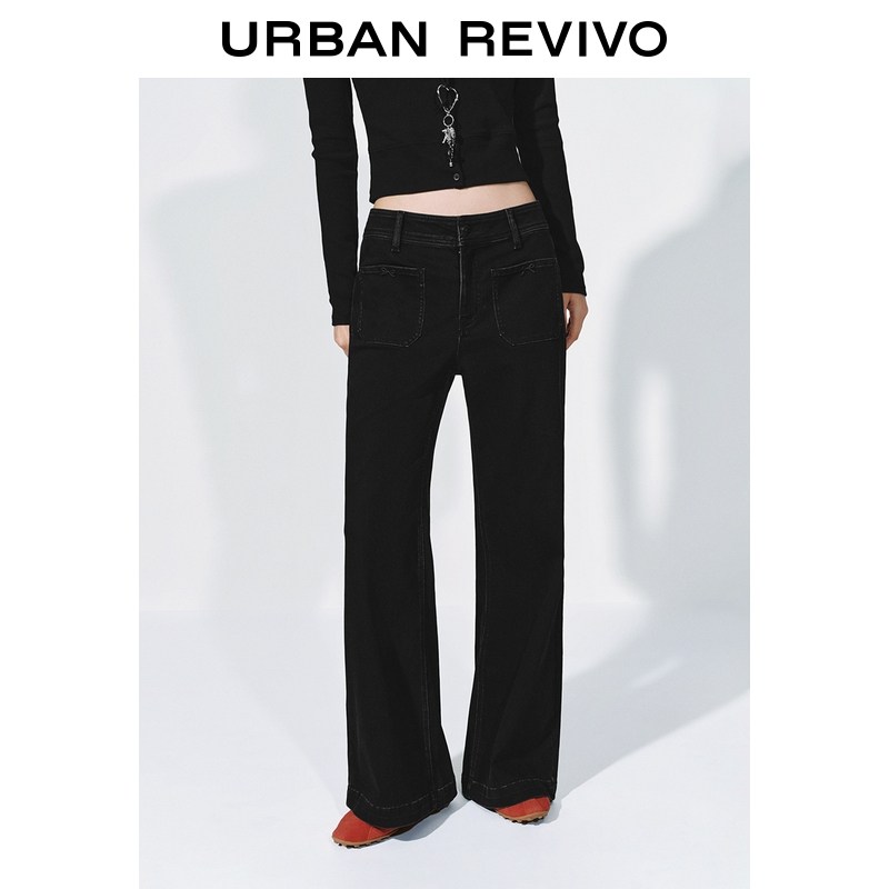 UR2026春季新款女休闲蝴蝶结贴袋修身喇叭牛仔长裤UYY860007