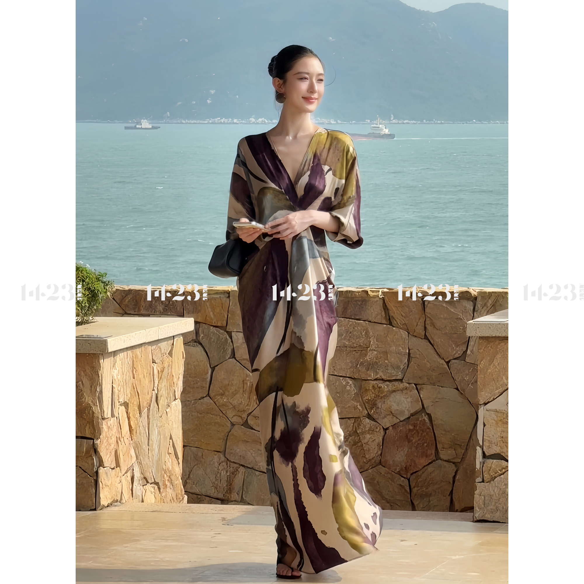 1423【烟凝暮紫】19姆米香云纱桑蚕丝珍珠缎V领长袖夏秋连衣裙