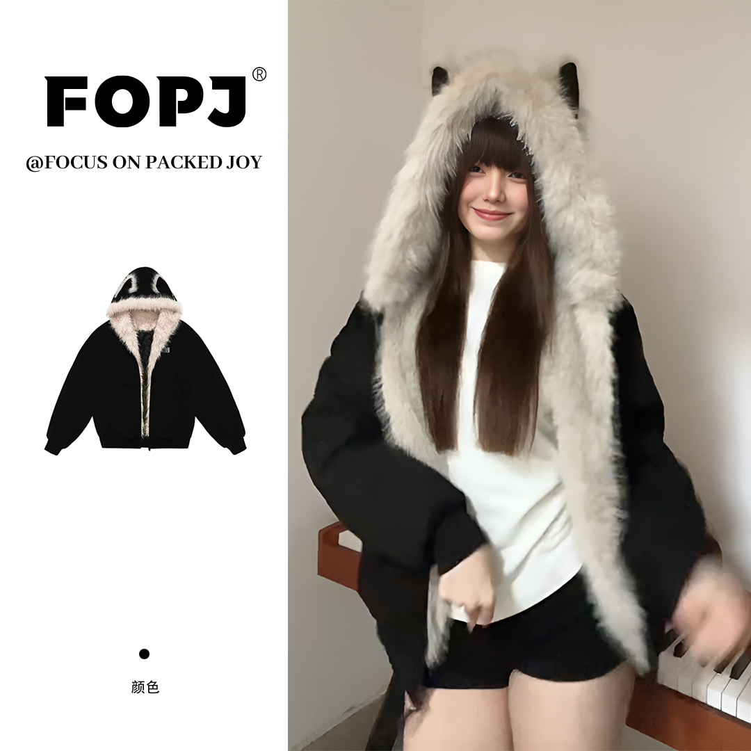 FOPJ刺绣款韩系座山雕毛领猫耳连帽棉服加厚保暖新款时尚复古外套