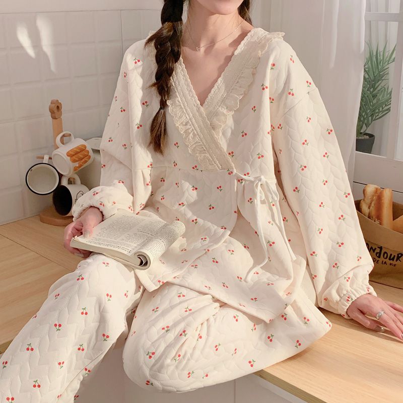 秋冬【空气棉】孕妇睡衣加厚款怀孕期产后哺乳可调节和服绑带月子服