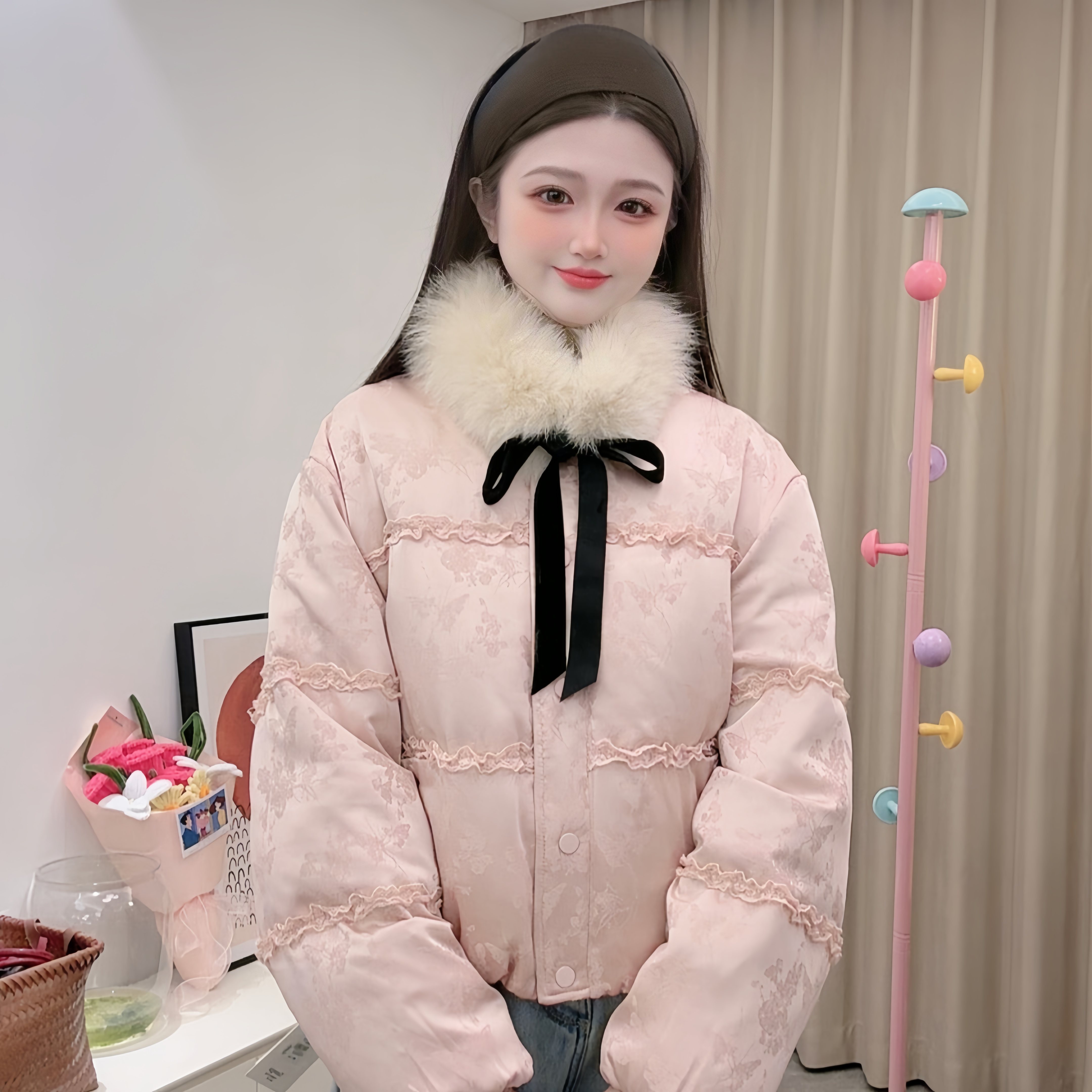 【送狐狸毛领】2025冬季国风羽绒服拼接花边时尚洋气宽松外套短款