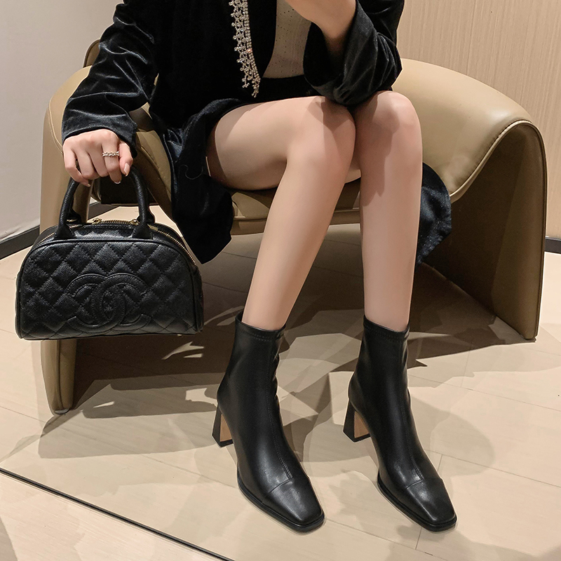 【令奢】跟高7cm/34-42/方头粗跟短靴法式时装靴秋冬百搭气质瘦瘦靴