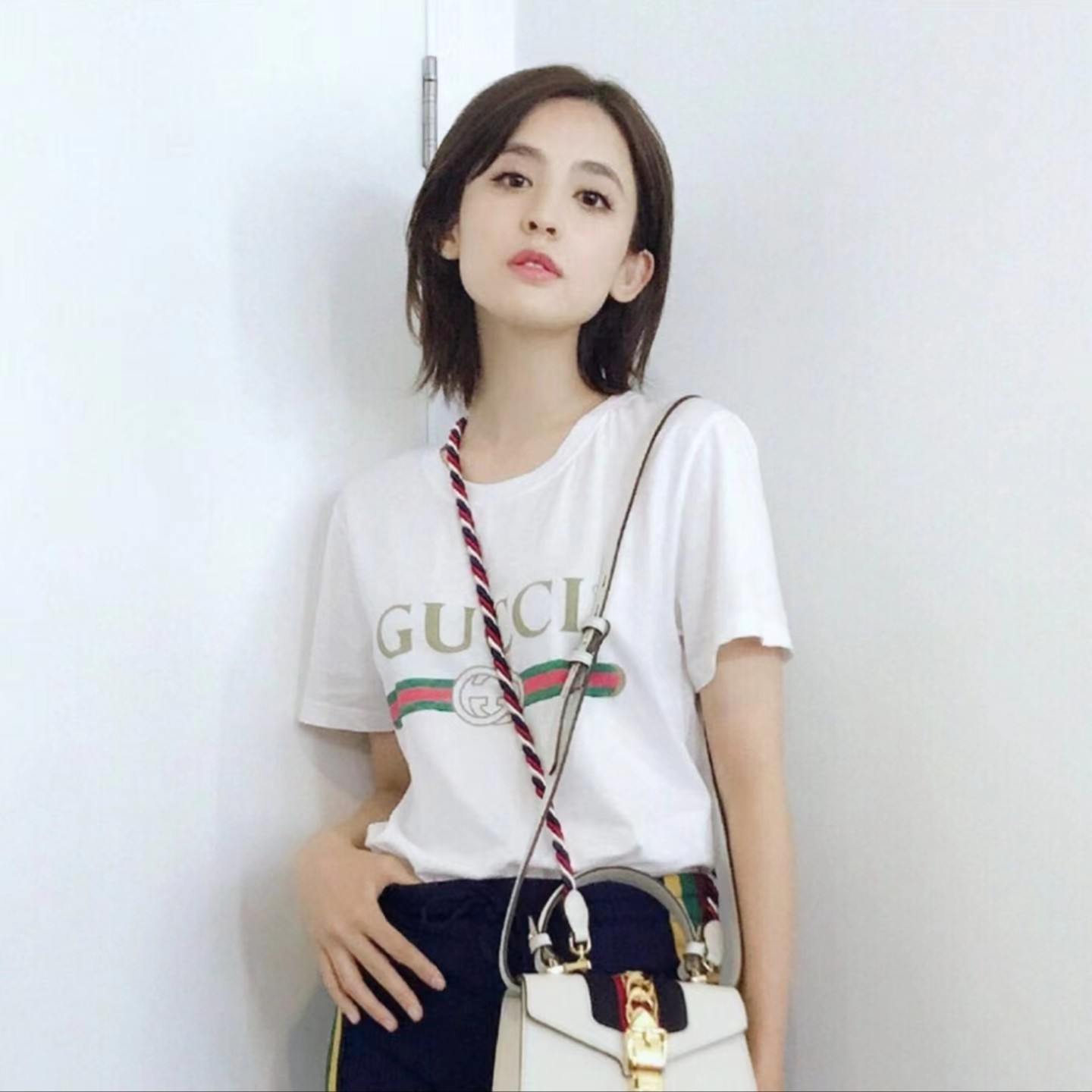 全新未使用 GUCCI/古驰 GUCCI logo造型腰带印花短袖T恤/L/XL码