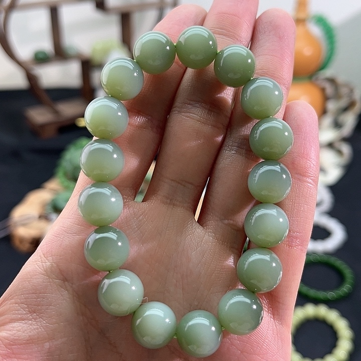 和田玉颈饰未镶嵌碧玉粉青-天青色-12mm手串
