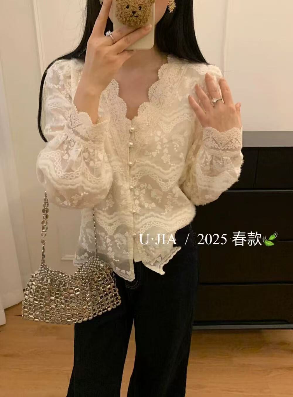 【法式小衫】小众有内层精致蕾丝纽扣开衫款小衫 苋 17346(6808)