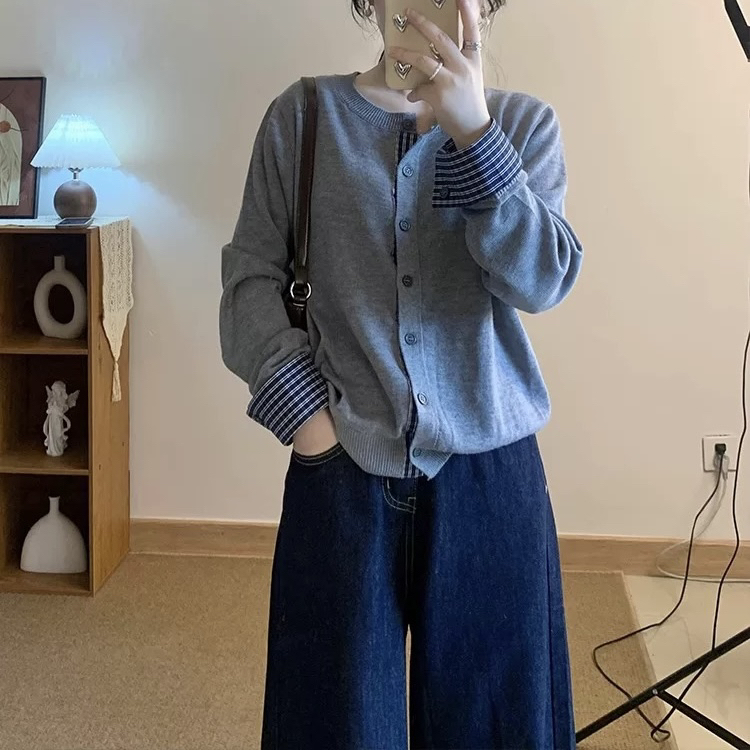 229 简约时尚拼接格子袖复古文艺感针织毛衣开衫