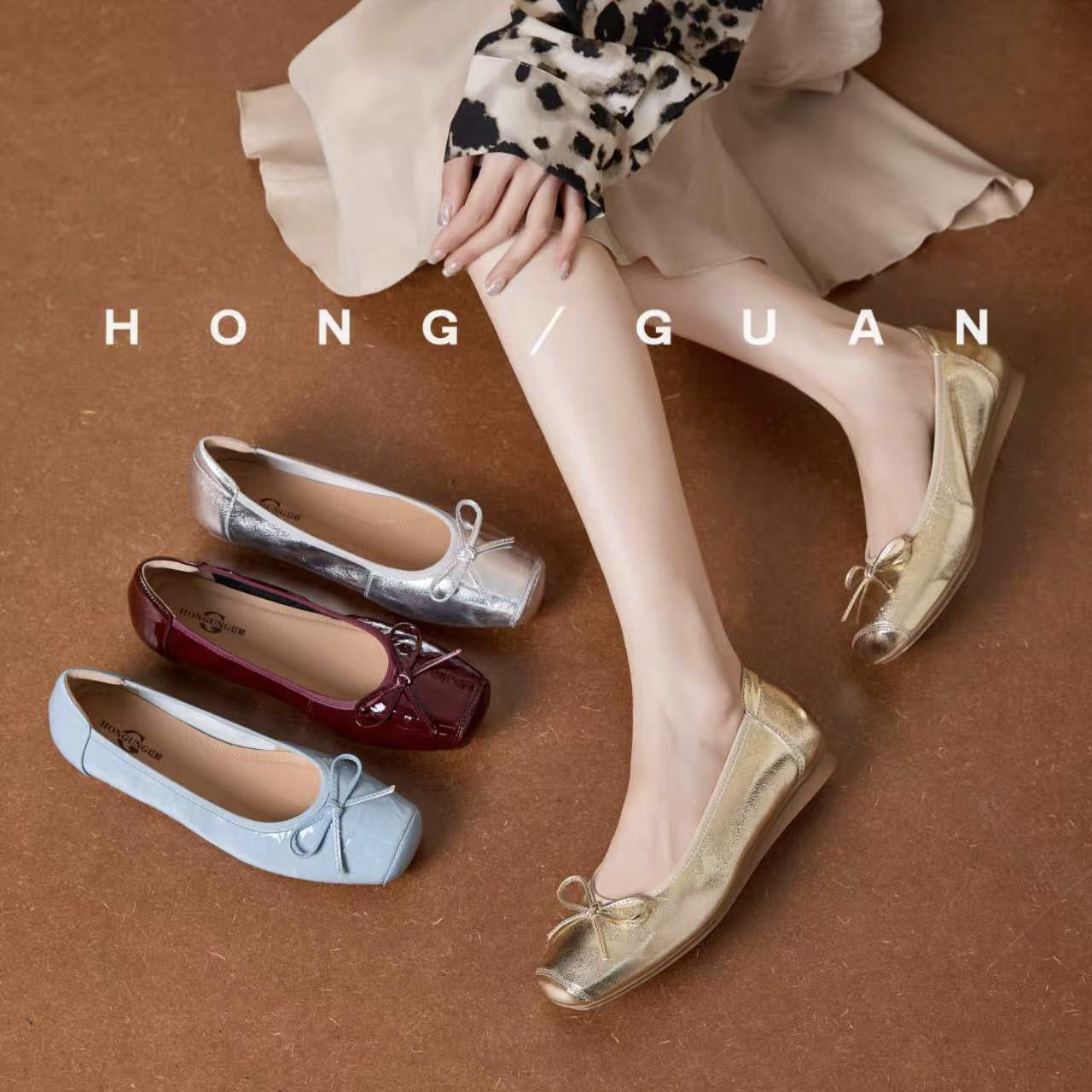 红冠皮鞋新款蝴蝶结晚晚鞋43902平底芭蕾玛丽珍鞋时尚舒适软底