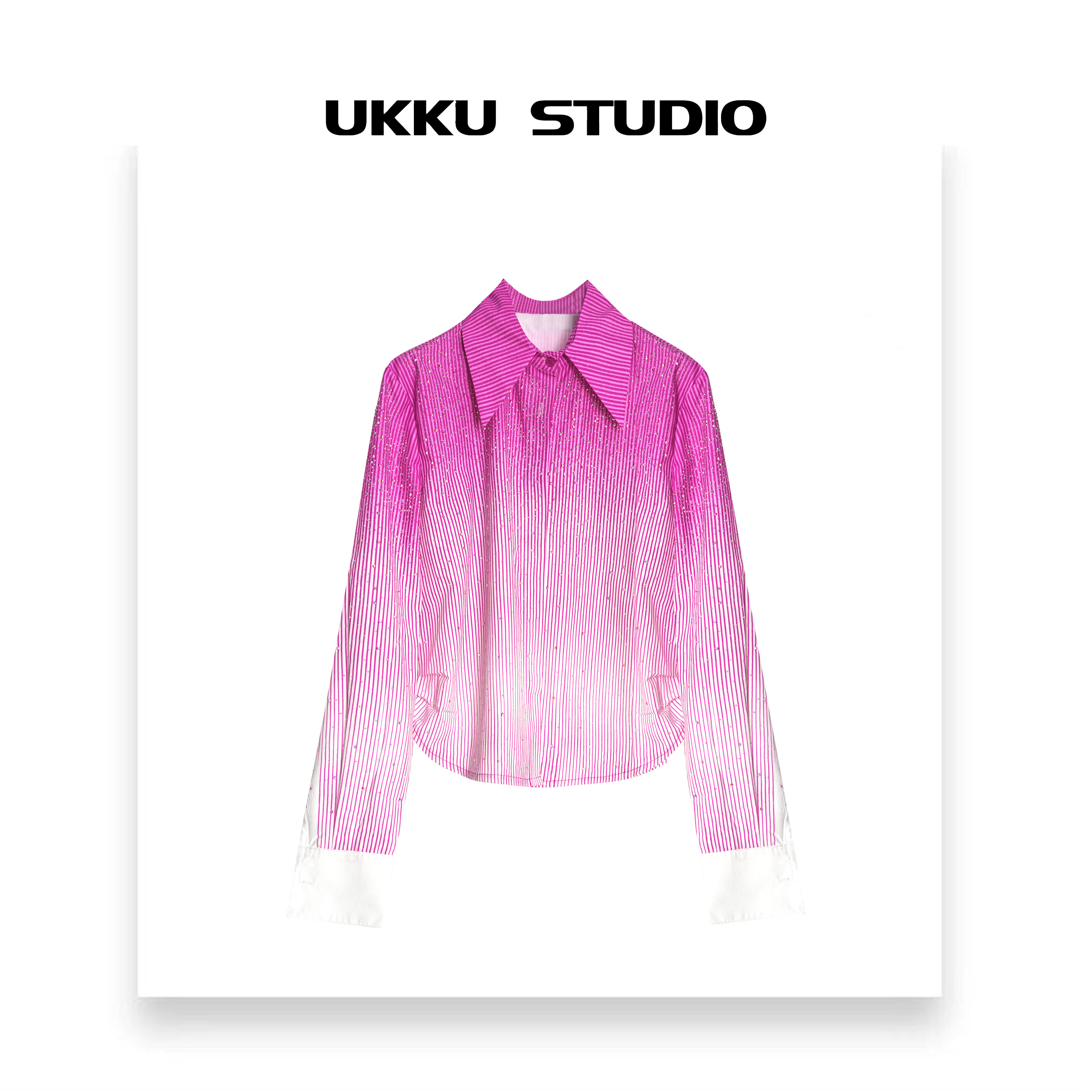 小尧【UKKU SKUDIO】小众渐变色简约条纹扣袖衬衫亮钻潮上衣211678