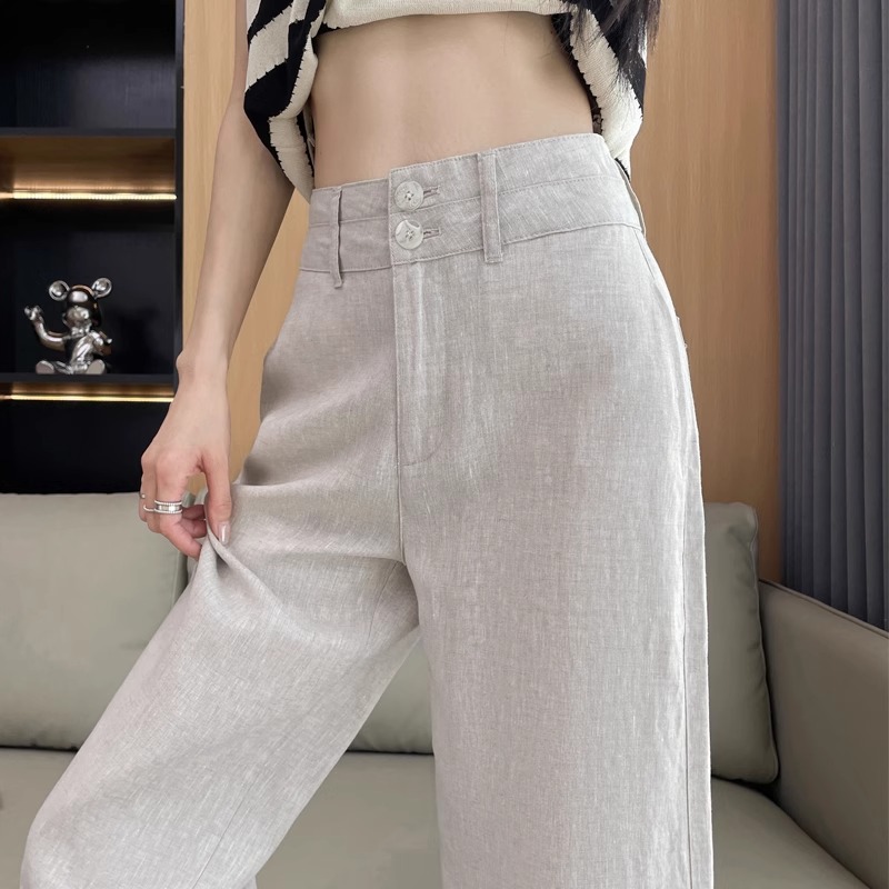 进口纯雨露亚麻直筒裤高腰显瘦2025年新款女垂感窄百小个子九分裤