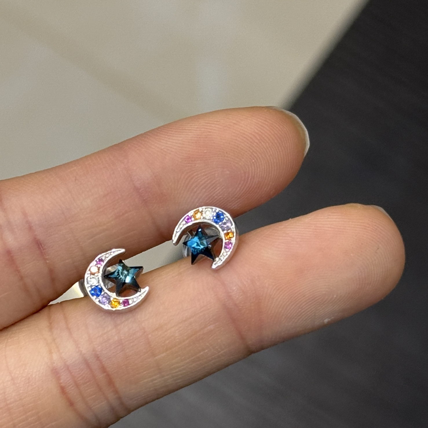 925银合成锆石耳饰 5770银色迷你星星月亮银耳钉