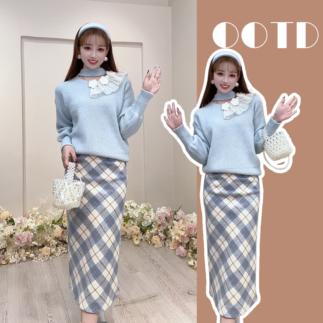 【两件套】B25秋冬甜美加厚显瘦针织毛衣+格子半身长裙套装