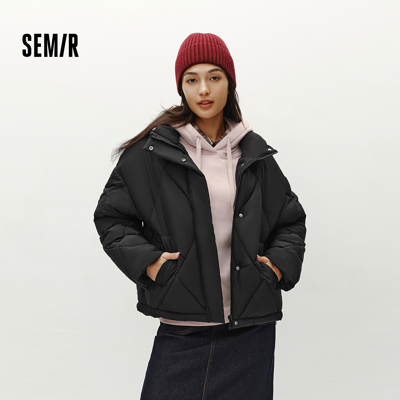 森马棉服女冬季菱形格宽松立领抽绳棉衣休闲百搭慵懒气质温柔外套