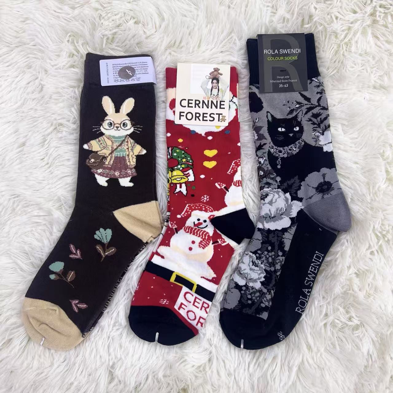 （福利三双）秋冬款棉袜透气卡通图案休闲运动风男女同款袜子89