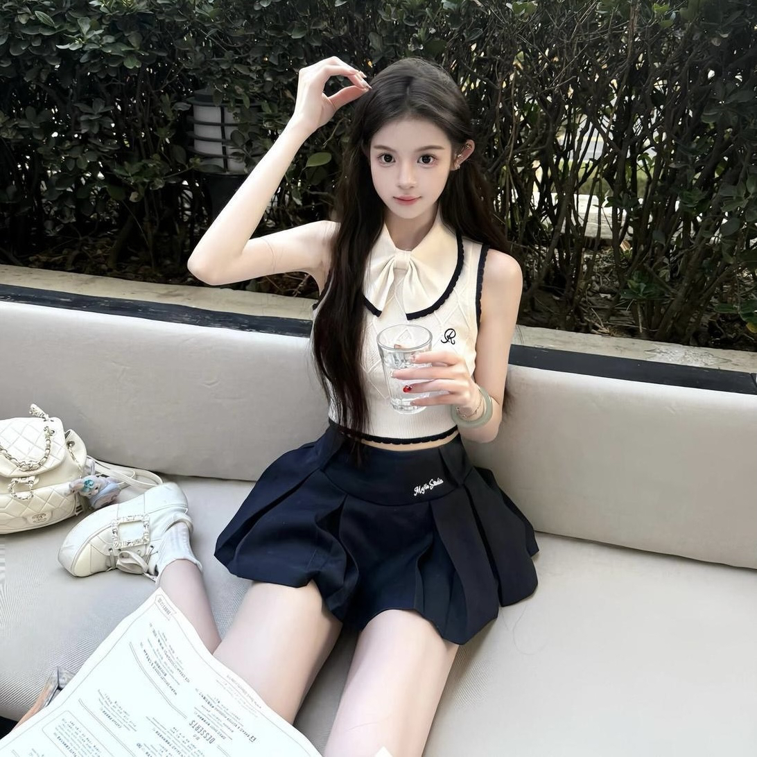 夏季新款学院风甜妹修身设计感无袖针织上衣纯色摆着半身裙两件套