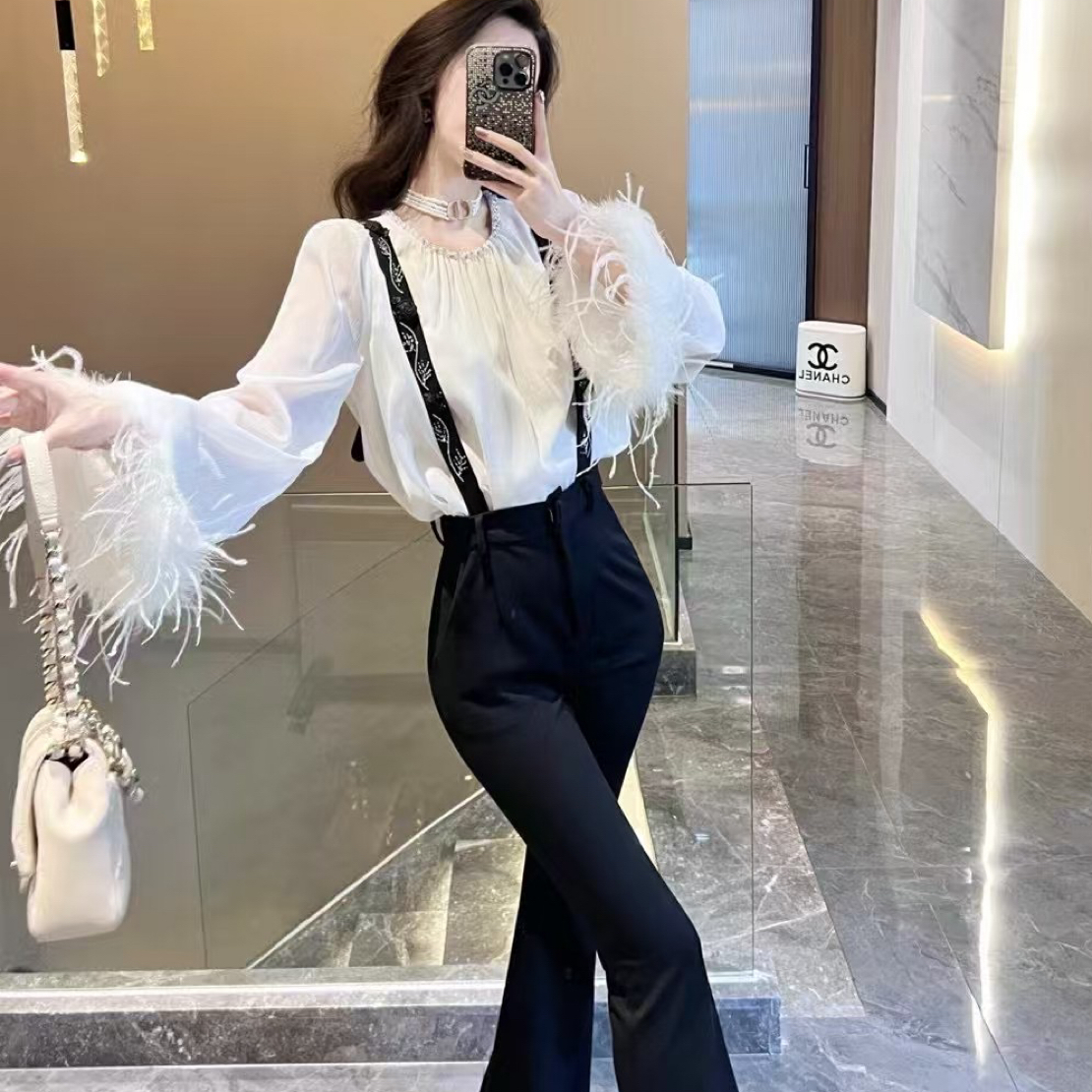 断码福利新款时尚名媛衬衫搭背带裤御姐两件套