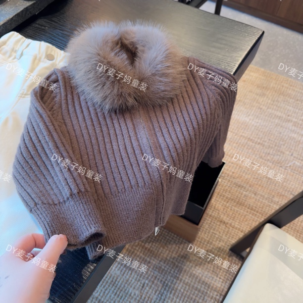 MZ.亲子年款冬季双拉链短款合身针织毛衣毛领外套Q718