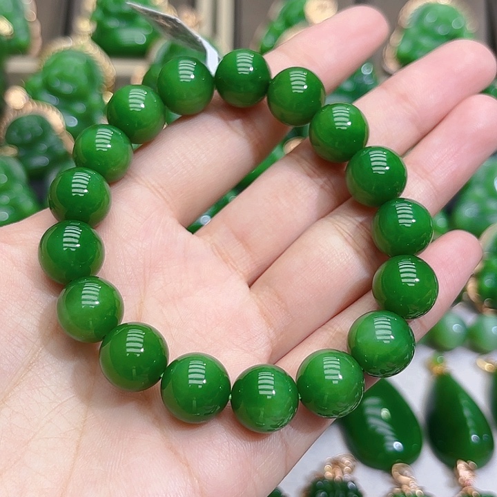 和田玉（碧玉）手串未镶嵌12m阳绿单圈