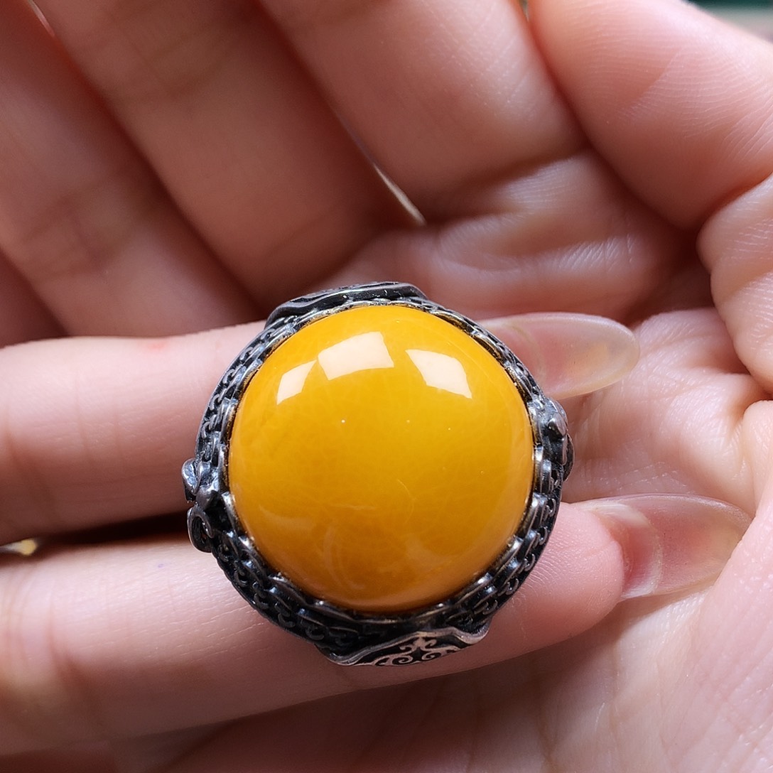 蜜蜡戒指银S925镶嵌戒指