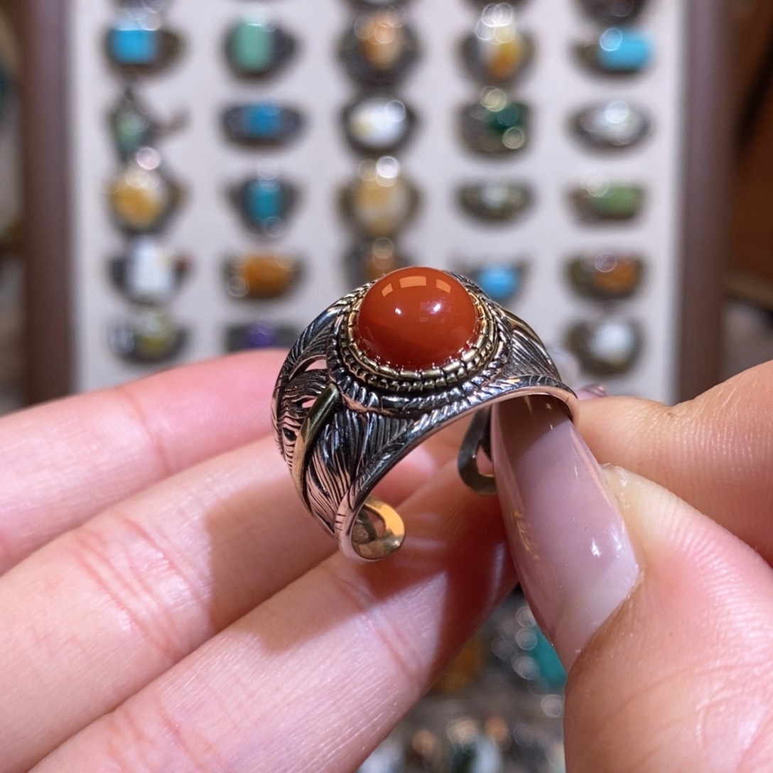 南红玛瑙戒指银S925镶嵌戒指