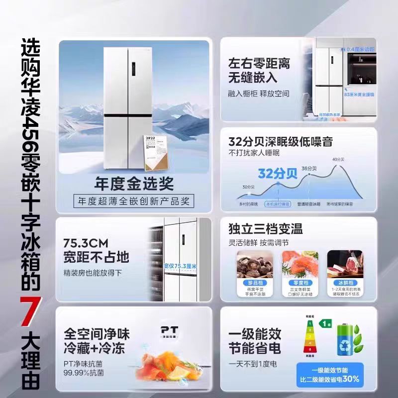 【国补20%】华凌冰箱456超薄零嵌60cm十字门一级底部散热节能电冰箱