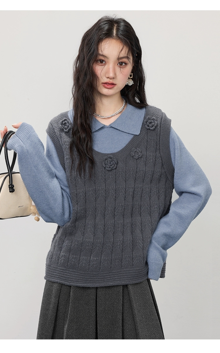 【大码】1311立体花朵毛衣女款2025新款假两件针织衫秋冬可外穿上衣