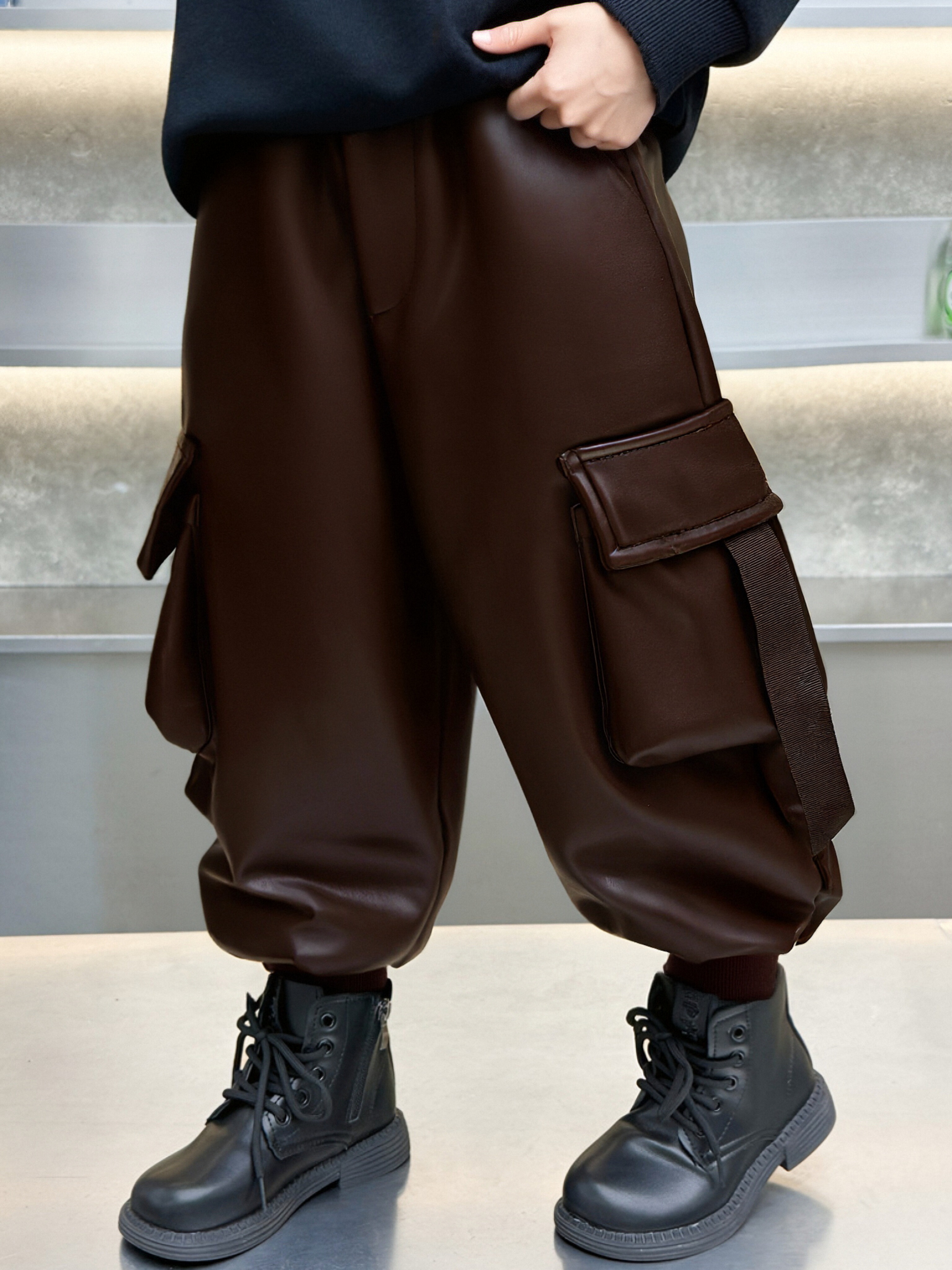 男童加绒裤子一体绒秋冬季2025新款洋气儿童加厚皮裤保暖裤-QP082