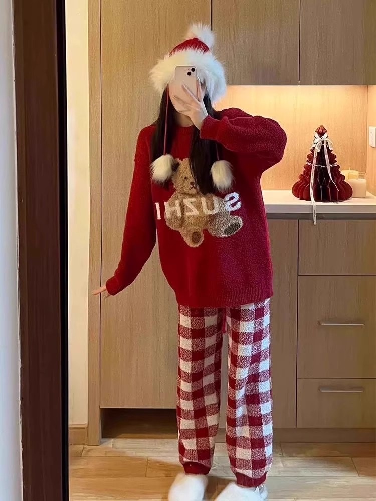 睡衣女款2025秋冬新款半边绒圆领格子长袖长裤可外穿家居服两件套