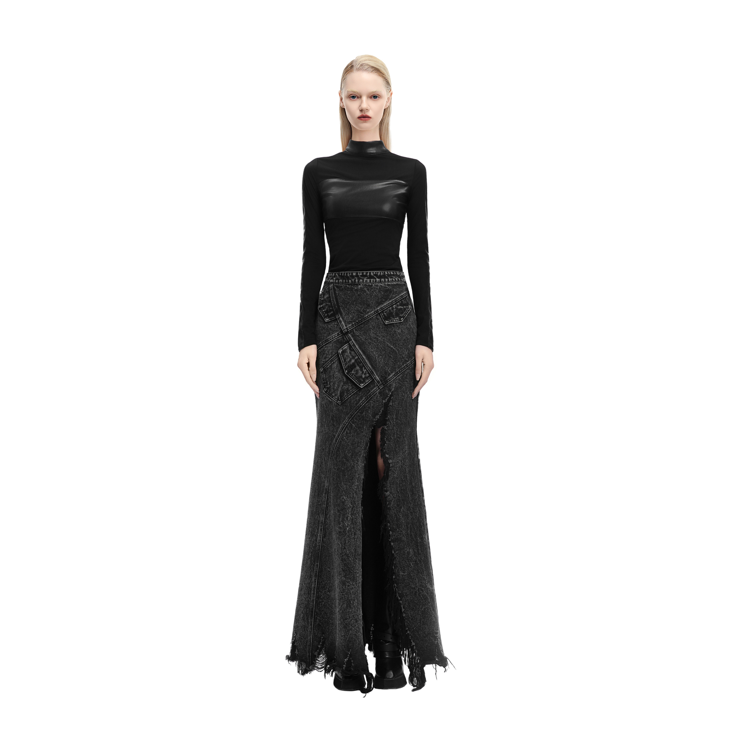 KUNSWEAR/琨丝薇尔25SP 高级不规则磨毛开叉牛仔半身裙 832008020