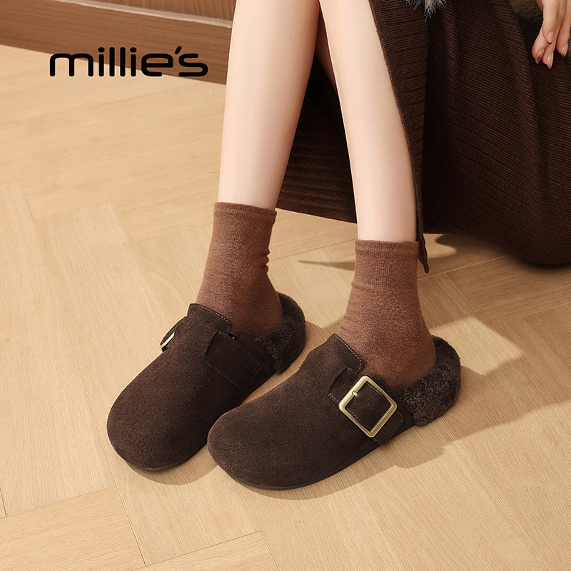 妙丽磨砂皮包头款皮带扣公主风包头拖情侣毛拖韩版秋冬季